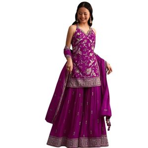 Purple Resham Work Sharara Set con Dupatta para bodas tradicionales al por mayor Ceremonias culturales Fiestas festivas y a granel - Product Image 1