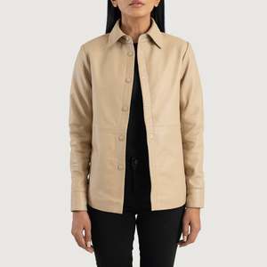 Zenith <b>Lightweight</b> Beige Leather Bomber <b>Jacket</b> for Ladies Satin Fabric Linen Lining for Autumn Spring Season Customizable Logo - Product Image 1