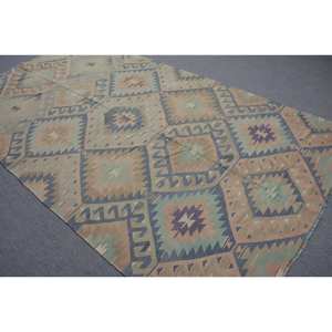 Tapis Kilim Turc Vintage 5.7 X 10.4ft Beige Bleu Tissage Plat Jacquard Tressé Laine Latex Rectangle Couloir Espace pour la Décoration Intérieure - Product Image 4