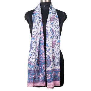 Light Weight Floral Block Printed Scarf Handmade Woman Fashion Sarong Cotton White Beach Wear Pareo Neck Scarves Wholesale