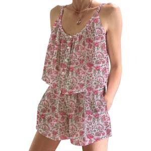 Conjunto de Pijama de Algodón Hecho a Mano en India con Estampados Clásicos de Índigo, Conjunto de Pijama de Primavera/Verano con Estampado Floral, Ajustado, con Tirantes y sin Mangas - Product Image 1