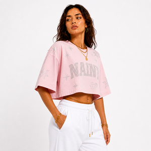Women Oversized Cropped T Shirt With <b>Rhinestone</b> Embroidery Loose Fit Cotton Streetwear Crop <b>Top</b> Custom Bulk Supplier - Product Image 4