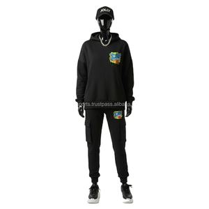 Chándal de mujer 320 GSM Conjunto de lana de algodón Sudadera con capucha negra y Joggers de carga Logotipo de transferencia de calor personalizado Chándales de calidad Tallas grandes - Product Image 1