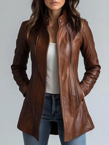 Manteau long ajusté unisexe en cuir véritable de haute qualité, écologique, avec décoration vintage et col montant - Product Image 6