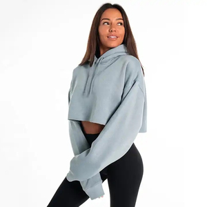 Women's Casual High Quality 100% Cotton Custom Logo Embroidered Gym Pullover Hood Crop <b>Top</b> Solid Color <b>Winter</b> Hoodie - Product Image 5