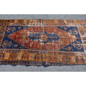 พรมขนสัตว์ตุรกีวินเทจคลาสสิกพื้นที่ขนาดใหญ่รูปสี่เหลี่ยมผืนผ้า7.8ft 3.5 x สีส้มสีน้ำเงินเย็บปะติดปะต่อกันสำหรับห้องโถงห้องนั่งเล่น - Product Image 4