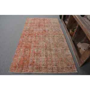Tapis turc vintage orange traditionnel 4,1 x 6,8 pieds, tissage plat classique, écologique, poil moyen, design patchwork, matière en laine - Product Image 1