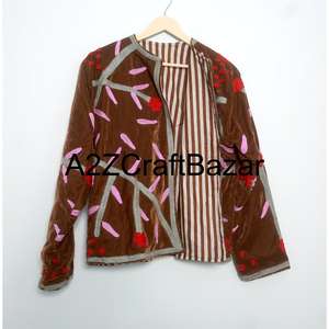 Veste décontractée régulière en coton doublé de velours doux et respirant, brodée à la main, motif floral, pour l'hiver et l'automne - Product Image 6