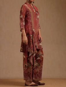 Chic marron Floral Palazzo femmes Kurta tenue coupe ample indien et pakistanais vêtements robe pour dames tenue quotidienne - Product Image 6