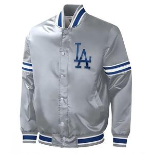 Premium <b>Silver</b> Satin Varsity <b>Jacket</b> Men's Custom Logo Blue Striped Baseball Bomber <b>Jacket</b> Retro Hip Hop Letterman Coat Unisex - Product Image 1