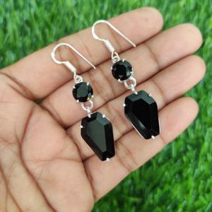 Wholesale Bohemian Style Women's Wedding <b>Drop</b> <b>Earrings</b> Handmade Sterling Silver Brass with Coffin Black Onyx Dangle Design - Product Image 1