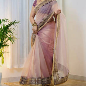 Dernier modèle de sari de haute qualité pour femmes, avec broderie et bordure en dentelle, fabriqué en Inde, en stock - Product Image 1