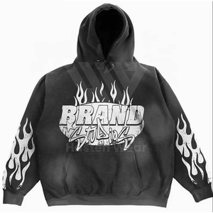 Streetwear-Ensemble de survêtements en coton épais pour hommes, ensemble sweat à capuche et pantalon de survêtement deux pièces avec impression personnalisée et broderie fanée - Product Image 2