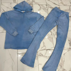 Sweats à capuche et pantalons évasés en coton éponge français personnalisés pour hommes survêtements de rue en hiver - Product Image 1