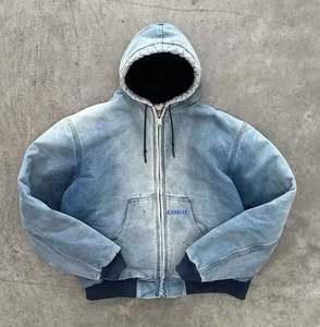 Logo personnalisé couleur unie hommes sweats à capuche surdimensionnés 100% coton Denim sweats à capuche Streetwear lavage à l'acide sweats à capuche zippés - Product Image 3