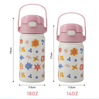 Bouteille d'eau isotherme OEM 14oz 18oz pour enfants en acier inoxydable 304 avec paille, anti-fuite, motif floral, conforme FDA ISO
