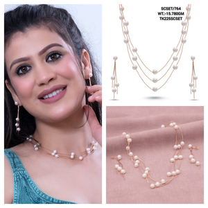 Ensemble de Collier Boucles d'Oreilles en Argent Massif 925 Moderne, Chaîne de 18 Pouces avec Perle Blanche, Pierres Précieuses, Cadeau de Noël, Collier de Demoiselle d'Honneur à 3 Couches - Product Image 2