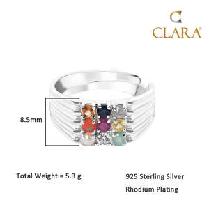 NOVAMART Fine 92.5 Sterling Silver Adjustable <b>Ring</b> for <b>Men</b> Boys Natural Certified Navratna Stone Nine Gems Boho <b>Emerald</b> Cut Plat - Product Image 4