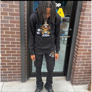 High Quality Unisex Stacked Sweat Pants Sweatsuit Hoodie Sets Custom Puff Print for Men - Product Image 4