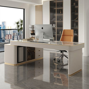 Modern Luxury <b>L</b>-<b>Shaped</b> Executive <b>Desk</b> with Polished Sintered Stone Top MFC Material Computer <b>Desk</b> - Product Image 4