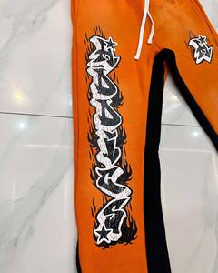 Pantalones de chándal acampanados de cintura con cordón pesado de felpa francesa lavados con ácido para cortar y coser diamantes de imitación personalizados - Product Image 6