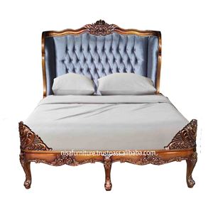 French Luxury Antique Design <b>Queen</b> <b>Size</b> Mahogany Solid Wood <b>Bed</b> <b>Frame</b> Hand Carved Rococo Carving Velvet Upholstered Tufted Knock - Product Image 2
