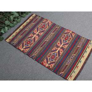 Vintage Traditional Kilim Rug 1.9x3.1 ft <b>Red</b> Blue Patchwork <b>Wool</b> Turkish Medium Pile Eco Friendly Latex Backing - Product Image 1
