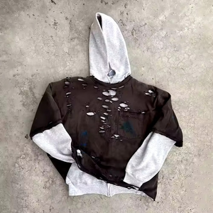 Sweat à capuche pour homme double en coton 100% personnalisé, sweat à capuche marron vieilli avec capuche blanche, sweat à capuche sur mesure avec lavage léger à l'acide - Product Image 4