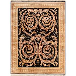 Tapis rectangulaire Aalam Floral noué à la main en laine et soie gris et noir Pae-4934 pour salon, maison, couloir, motif puzzle - Product Image 1