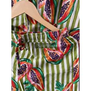 Conjunto de pijama de verano a rayas florales de algodón unisex, venta al por mayor, ropa de dormir, camisa de punto transpirable para mujer, pantalones cortos de 3 piezas - Product Image 3