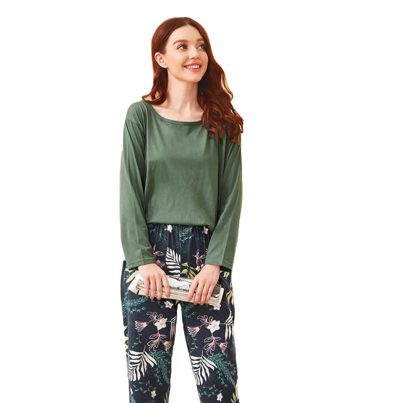 2023 Printed Cotton Women Night Suit Green Sleep Dress with Shirt and Trouser for Women