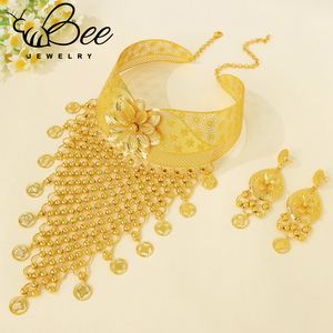 Luxury Gold Color Indian Bridal Jewelry Set Hollow Tassel Flower Long Bib Necklace Earrings Sets For Wedding - Product Image 5