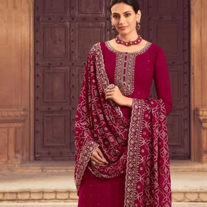 Ready-to-Wear Customizable Semi-Stitched Georgette Silk Embroidered Reversible <b>Three</b> Piece Salwar Kameez Matching Dupatta Party - Product Image 2