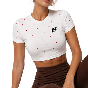 Camiseta Corta Ajustada Personalizada para Mujer, Cuello Redondo, Manga Corta, Detalle de Tachuelas, Suave, Elástica, Transpirable, Informal, a la Moda - Product Image 1