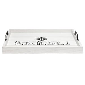 Plateau en bois de vente chaude de couleur blanche élégante avec forme rectangulaire et conception de pays des merveilles d'hiver parfaite pour la décoration saisonnière - Product Image 1