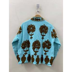 Aqua Suzani Amber Edition Hand-Embroidered Waffle Cotton <b>Jacket</b> Breathable <b>Corduroy</b> Varsity Style Custom XL for Summer Autumn - Product Image 3