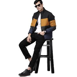 Veste matelassée pour homme, couleur noire et jaune moutarde, blocs de couleur, fermeture éclair intégrale, col montant, veste d'hiver pour homme - Product Image 5