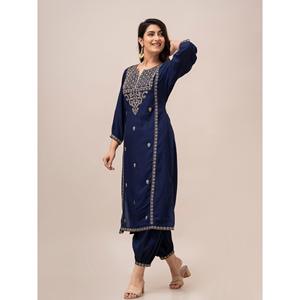 Mujer Azul Lentejuelas Yoke Design Kurta con Pijama Conjunto - Product Image 4