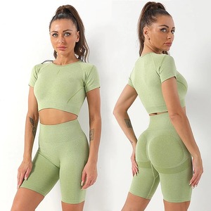 Taille haute Leggings Sportswear Fitness costume Yoga ensemble femmes vêtements d'entraînement Shorts de course à manches courtes haut court tenue de Sport - Product Image 3