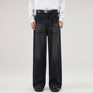 กางเกงยีนส์ไมโครเอวลอยผู้ชายระดับไฮเอนด์วินเทจผ้า100% คอตตอนทรงหลวมสไตล์สตรีทถักขอบกลางกลางกลางกลางจากการซัก - Product Image 5