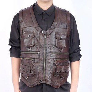 Winter Leather Vest Men's Single Button Waistcoat Steampunk Sleeveless Motorcycle Jackets Casual Multiple Pockets <b>Stand</b> High - Product Image 5