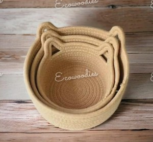 Small Woven Cotton Rope Basket <b>Kid</b>-Friendly Storage Trays with <b>Cat</b> Ears Design <b>for</b> Little Sundries Items Weaving Storage Basket - Product Image 2