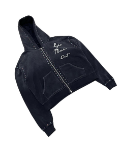 Conjunto de Sudadera con Capucha y Pantalones Cortos de Invierno Personalizado 100% Algodón con Pedrería, Lavado Ácido, Efecto Desgastado y Estampado Puff, Estilo Urbano con Cremallera - Product Image 2