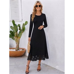 Robe midi en crêpe importé à manches longues, col rond, détails découpés au laser, motif floral, pour femmes, 37485 - Noir - Product Image 3