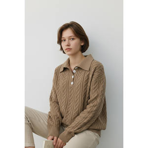 Suéter Beige Elegante para Uso Diario con Detalle de Perlas, Patrón de Punto, Cuello Redondo, Corte Holgado y Relajado, Hecho de Tela de Camiseta - Product Image 6