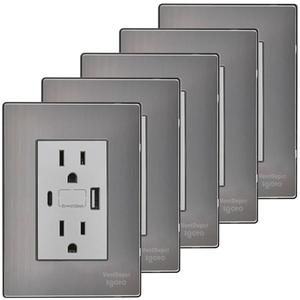 USB และปลั๊กต่อผนังแบบดูเพล็กซ์, MXIOB-005, 5 ชิ้น, USB A/USB C/เต้ารับแบบดูเพล็กซ์, 110/125-250VAC, 15A, 50/60Hz, 5VDC, 3A, สีเงิน, A - Product Image 1
