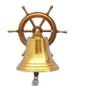 Nautical Maritime Bell 8 Inch Brass Ship wheel Wall Bell Marine Boat Wall Hanging Bell Home Indoor Outdoor Decor Collectible