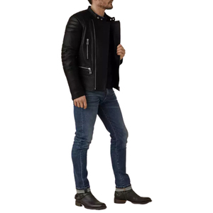 Men's <b>Black</b> PU Leather Moto Jacket Stand Collar Zipper Closure Slim Fit Regular Sleeve Solid Color Autumn Wear - Product Image 6