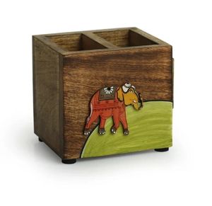 Porte-couverts et papeterie Elephant Tales avec porte-cure-dents 3 cloisons Porte-ustensiles en bois de manguier peint à la main - Product Image 4