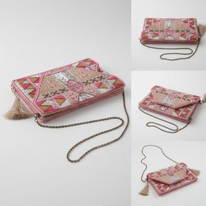 Bolso de Mano Geométrico Bohemio de Lujo Rivara para Mujer, con Cuentas Hechas a Mano, Forro de Seda, Bordado, Pedrería, Cadena de Perlas y Lazo de Piel - Product Image 4